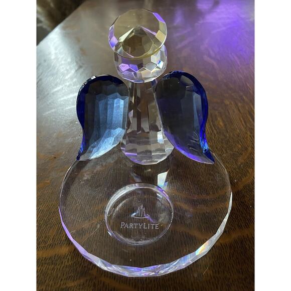 Partylite Crystal Faceted Optic Angel Gold Halo Blue Tealight Holder 4” Tall - Picture 4 of 5